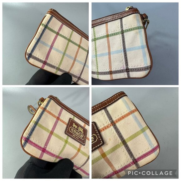 Coach Tattersall Wristlet 40990 Plaid Metallic handle Metal tag charm cream - Picture 15 of 15